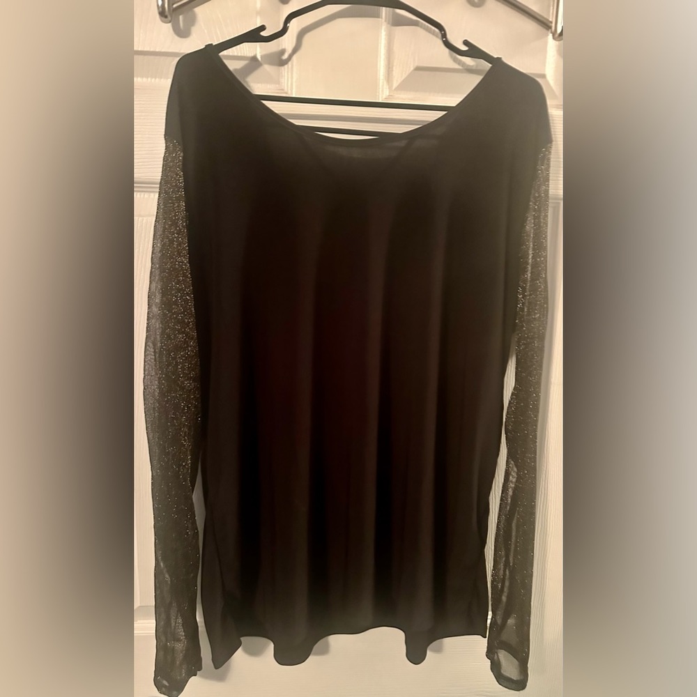 New WHITE BIRCH Black Top w/ Sheer Black Gold Shimmer Sleeves~ 3X
